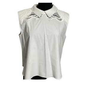 Self-Portrait Embroidered Neck Top Collar Crisp White Padded Shoulder
